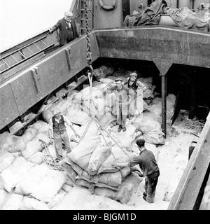 London Docks, Inghilterra, 1950s. Lavoratori che caricano grossi sacchi di materie prime su una puleggia dall'interno della stiva di una nave. Tutti i berretti di stoffa che indossano, caposquadra sopra il livello superiore che sovrintendere al lavoro. Foto Stock