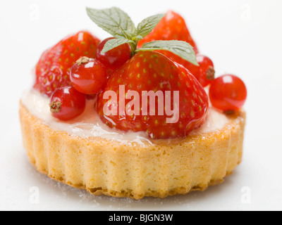 Singoli fragola e ribes rosso timballo con le foglie di menta - Foto Stock