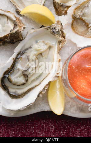 Ostriche fresche con limone e pomodoro - dip Foto Stock