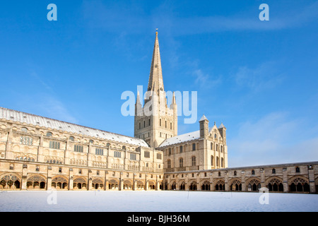 Il medievale Norwich Cathedral catturato a seguito di nevicate invernali su un luminoso e soleggiato inverni mattina. Foto Stock