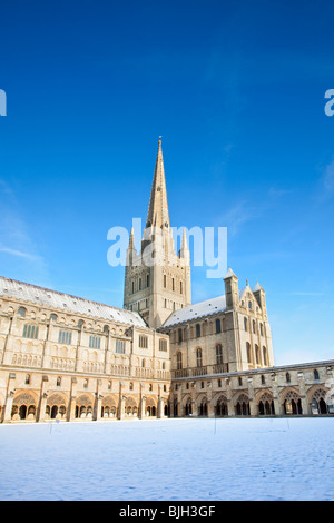 Il medievale Norwich Cathedral catturato a seguito di nevicate invernali su un luminoso e soleggiato inverni mattina. Foto Stock