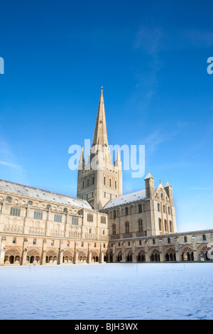 Il medievale Norwich Cathedral catturato a seguito di nevicate invernali su un luminoso e soleggiato inverni mattina. Foto Stock