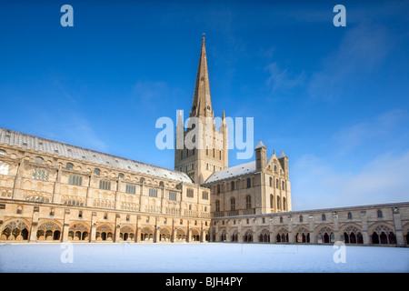 Il medievale Norwich Cathedral catturato a seguito di nevicate invernali su un luminoso e soleggiato inverni mattina. Foto Stock