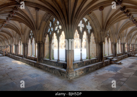 Chiostri a Norwich Cathedral Regno Unito con nevicate invernali al di fuori Foto Stock