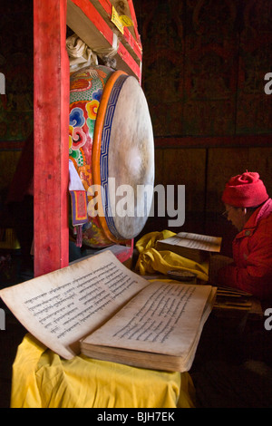 Un tibetano monaco buddista legge testi sacri nel villaggio di SAMDO sul intorno il MANASLU TREK - REGIONE NUPRI, NEPAL Foto Stock