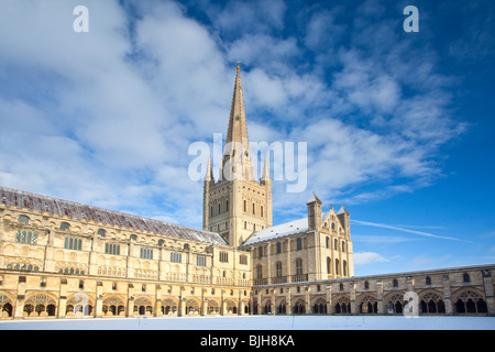 Il medievale Norwich Cathedral catturato a seguito di nevicate invernali su un luminoso e soleggiato inverni mattina. Foto Stock