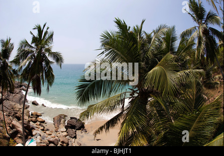 India Kerala, Kovalam, coconut Palm tree orlata appartata baia rocciosa Foto Stock