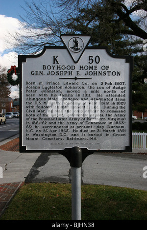 Boyhood Home del gen. Joseph E. Johnston Nato a Prince Edward Co. il 3 febbraio 1807, Joseph Eggleston Johnston Foto Stock