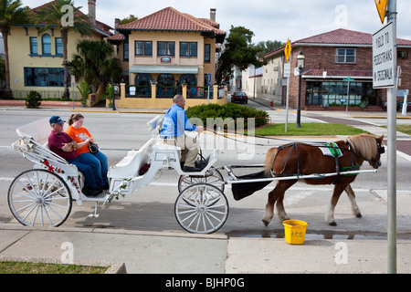 Maschio bianco tour guida porta i turisti su un carro trainato da cavalli tour delle strade di Sant'Agostino, Florida Foto Stock
