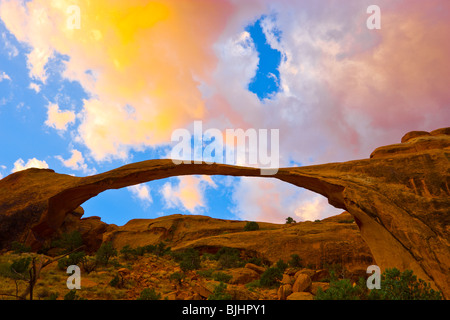 Landscape Arch, Arches National Park nello Utah, uno dei più lunghi del mondo tratte naturale, Devils Garden Foto Stock