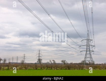 Elettricità tralicci tenendo a cavi sospesi dal West Burton Coal Fired Power Station nel Nottinghamshire. Foto Stock