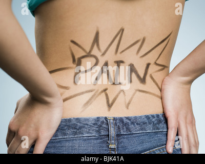 Vista posteriore della donna con le mani sulla parte inferiore della schiena con dolore scritto su di esso Foto Stock