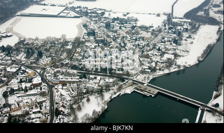 Foto aerea, neve, fiume Ruhr, serbatoio, Kettwig, Essen, la zona della Ruhr, Renania settentrionale-Vestfalia, Germania, Europa Foto Stock