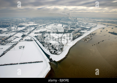 Vista aerea, Emscher estuario, Reno inondazioni, neve Emscher fiume Emscher corso, Dinslaken, Renania settentrionale-Vestfalia, Germania, UE Foto Stock