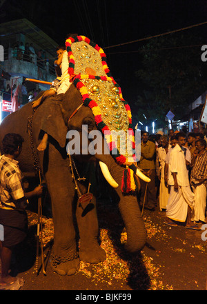 Decorate elefante in processione al tempio indù festival in Pulinkudi, Kerala, India, Asia Foto Stock