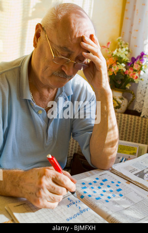 Titolare di pensione o di rendita a risolvere puzzle in un magazzino Foto Stock