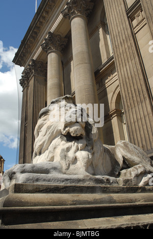 Lion scultura al di fuori di Leeds Town Hall, Leed city centre, nello Yorkshire, Inghilterra, Regno Unito. Foto Stock