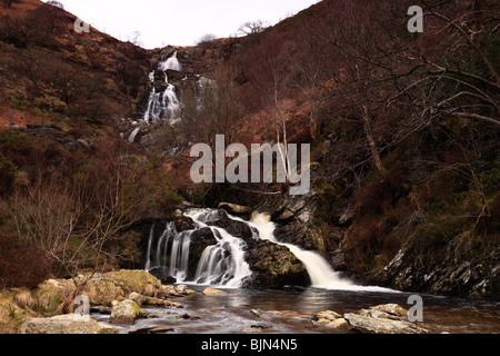 La caduta d'acqua di Pistyll Rhyd-y-meinciau (aka Rhiwargor cade) sul fiume Eiddew vicino a Lake Vyrnwy nel Galles del Nord Foto Stock