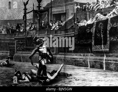 Mondo antico, Impero Romano, gladiatori, lotta al Colosseo, incisione del legno dopo la pittura 'Pollice vero' di Jean Leon Gerome, 1872, Foto Stock