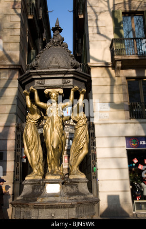 Fontana di acqua al fondo del Las Ramblas vicino a Port Vell Foto Stock