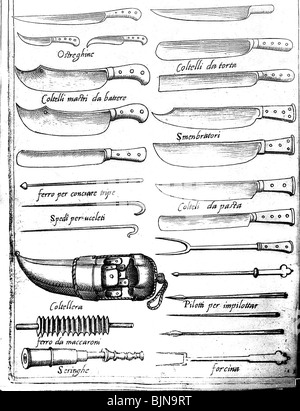 Gastronomia, cucina, utensili da cucina di Bartolomeo Scappi, chef segreto di papa Pio V, 16th secolo, storico, storico, coltello, forchetta, forchette, utensile, utensili, utensile da taglio, Foto Stock