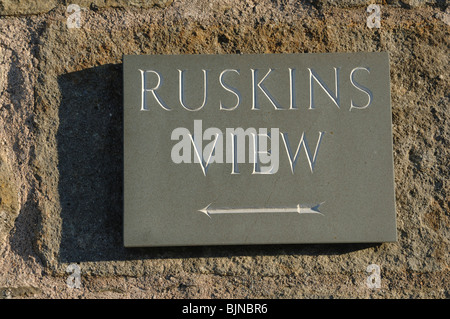 Un cartello che indica il modo di Ruskin vista della famosa vista attraverso il fiume Lune a Kirkby Lonsdale in Cumbria Regno Unito Foto Stock