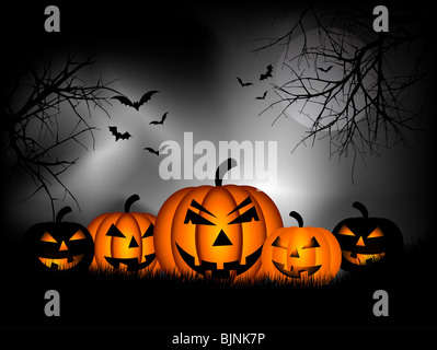 Spooky Halloween sfondo con zucche e pipistrelli Foto Stock