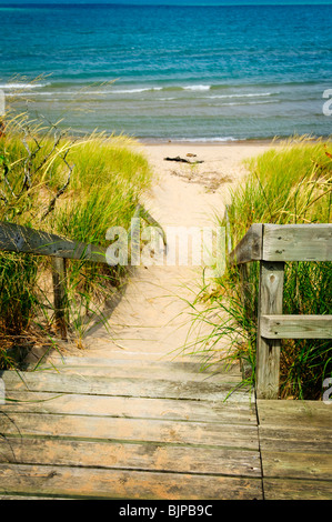 Scale di legno oltre le dune in spiaggia. Pineta parco provinciale, Ontario Canada Foto Stock