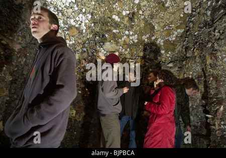 I visitatori e gli studenti nei sotterranei della grotta di Shell follia nella Goldney Hall Giardino Bristol University South West England Regno Unito Foto Stock