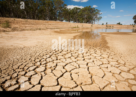 Un agricoltori Watering Hole in una fattoria vicino a Shepperton, Victoria, Australia, quasi essiccato fino a causa della siccità. Foto Stock