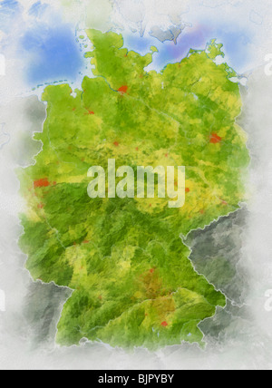 Germania, mappa di rilievo nei colori dell'acqua. Foto Stock