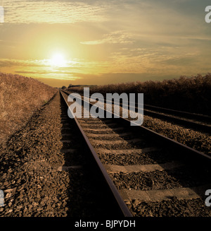 Binario di andare all'infinito con il sole che tramonta alla fine della linea Foto Stock