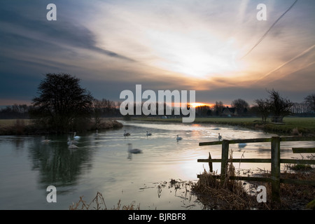 Alba si rompe sui prati della tomaia Tamigi vicino Lechlade nel Gloucestershire, Regno Unito Foto Stock