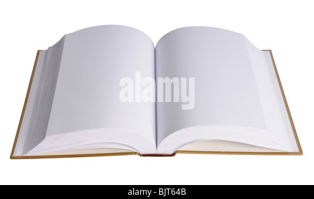 Libro aperto con pagine vuote isolate su sfondo bianco