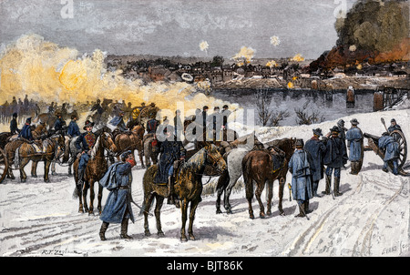 Bombardamento di Fredericksburg, Virginia, da Burnside di artiglieria, Dicembre 11, 1862. Colorate a mano la xilografia Foto Stock