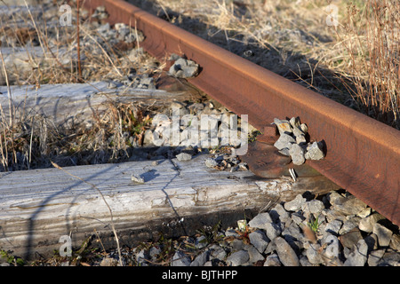 Vecchio abbandonato grande sud e ovest linea ferroviaria collegata al usurati traversine di legno nella contea di Sligo, Repubblica di Irlanda Foto Stock