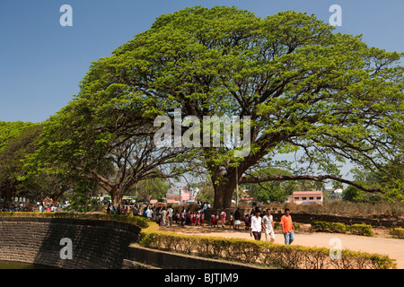 India Kerala, Palakkad, Indiana i visitatori a camminare al fianco di fossato del Sultano Tipu's Fort, a bult da Haider Ali nel 1766 Foto Stock