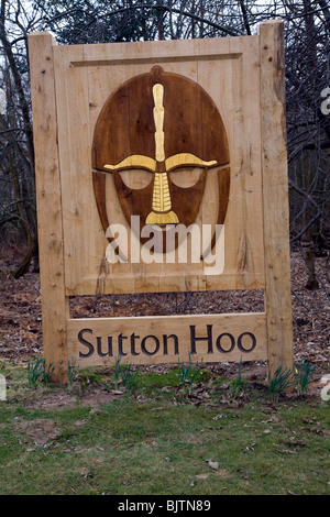 Segno per Sutton Hoo Anglo Sassone sito di sepoltura Suffolk Foto Stock
