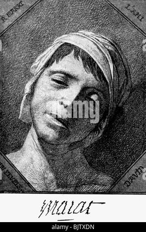 Marat, Jean Paul, 24.5.1744 - 13.7.1793, giornalista e politico francese, ritratto, cadavere, disegno di Jacques Louis David, luglio 1793, Foto Stock