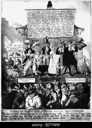 Caroline Amelia, 17.5.1768 - 7.8.1821, regina consorte di Gran Bretagna 29.1.1820 - 7.8.1821, caricatura, 'Caroline Fiera o budino di Mat e il suo Mountebank', incisione su rame, 1821, , artista del diritto d'autore non deve essere cancellata Foto Stock