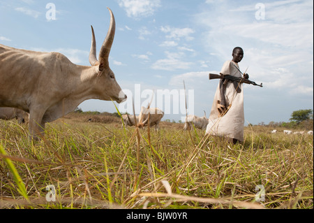 Del sud-Sudan, Cuibet vicino a Rumbek , tribù Dinka, pastore armati con Kalashnikov AK-47 proteggere i loro zebù vacche da bovini ostile raider Foto Stock