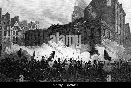 Eventi, rivoluzioni 1848 - 1849, Francia, tumulto del Palais Royal, Parigi, 24.2.1848, incisione contemporanea in acciaio, lotta, attacco, attacco, combattimento stradale, rivolta, 19th secolo, rivoluzione, storico, storico, assalto, persone, Foto Stock