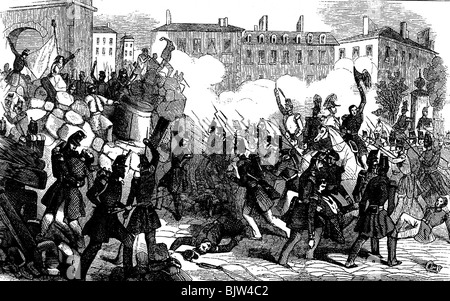 Eventi, rivoluzioni 1848 - 1849, Francia, soldati che attaccano una barricata, Parigi, giugno 1848, incisione del legno, lotta, assalto, combattimento stradale, rivolta, truppe, militare, feriti, 19th secolo, storico, storico, rivoluzione, persone, Foto Stock