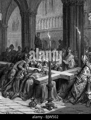 Medioevo, crociate, Prima Crociata, l adorazione della Santa Croce, Chiesa della Resurrezione, Gerusalemme, agosto 1099, incisione su legno dopo il disegno di Gustav Dore, a: Joseph Francois Michaud "Histoire des Croisades', 1875, artista del diritto d'autore non deve essere cancellata Foto Stock