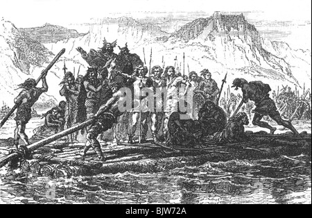 Mondo antico, Germanici, guerrieri germanici che attraversano il fiume Reno, incisione del legno, 19th secolo, storico, storico, Impero Romano, galleggiante, zattera, zattere, valichi di frontiera, valichi di frontiera, attacco, raid, attacchi, incursioni, invasione, invasioni, Periodo di migrazione, mondo antico, persone, Foto Stock