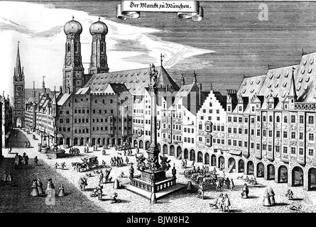 Geografia / viaggi, Germania, Monaco di Baviera, Marienplatz (piazza del mercato), con Mariensaeule, incisione su rame da "Topographia" Bavariae' dal programma Matthaeus Merian, 1644, artista del diritto d'autore non deve essere cancellata Foto Stock