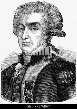 Lafayette, Marie Joseph Motier, Marquis de, 6.9.1757 - 20.5.1834, generale e politico francese, ritratto, in uniforme, incisione in legno, 19th secolo, Foto Stock