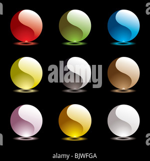 Nove ying yang web icone rotonde con alone esterno in colori luminosi Foto Stock