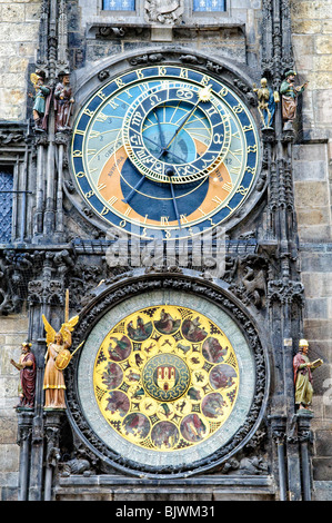 Orologio astronomico di Praga Orloj Old Town Hall Praga Repubblica Ceca // PRAGA, Repubblica Ceca - l'orologio astronomico di Praga, o Pražský orloj, è montato sulla parete meridionale del Municipio della città Vecchia nella Piazza della città Vecchia. Installato per la prima volta nel 1410, è il terzo orologio astronomico più antico del mondo e il più antico ancora in funzione. Il quadrante astronomico superiore mostra la posizione del Sole e della Luna, mentre il quadrante inferiore del calendario con medaglioni che rappresentano i mesi è una copia di un originale del 1870 del pittore Josef Mánes. Accanto all'orologio ci sono quattro figure allegoriche animate che rappresentano Foto Stock