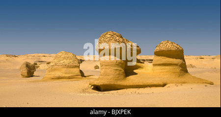 Panoramica del paesaggio che mostra l'erosione di vento nella Valle delle Balene, Wadi El-Hitan, deserto occidentale d'Egitto Foto Stock